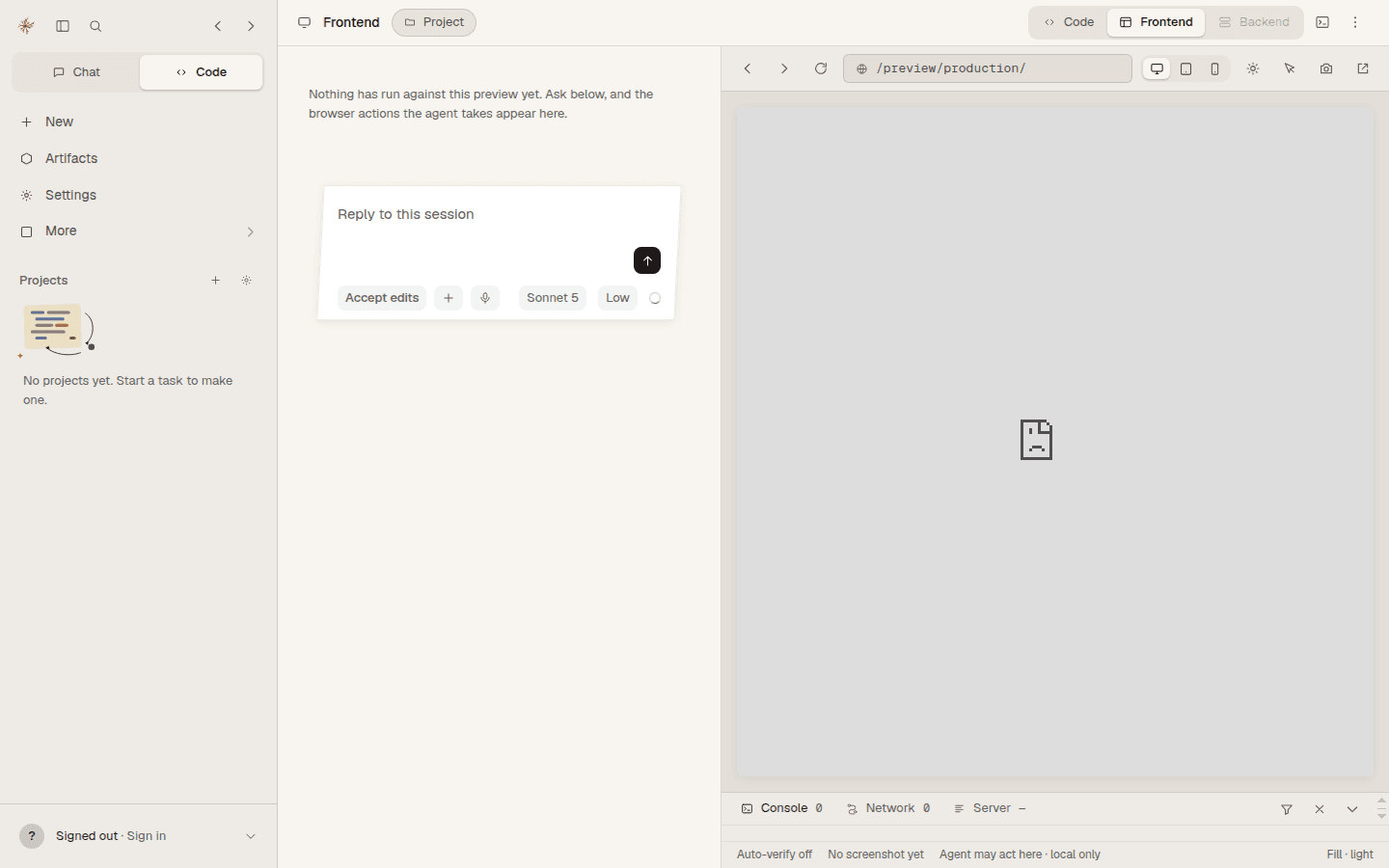 Prabloé Code's Frontend surface: the built page in a browser pane beside the editor